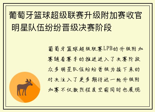 葡萄牙篮球超级联赛升级附加赛收官 明星队伍纷纷晋级决赛阶段